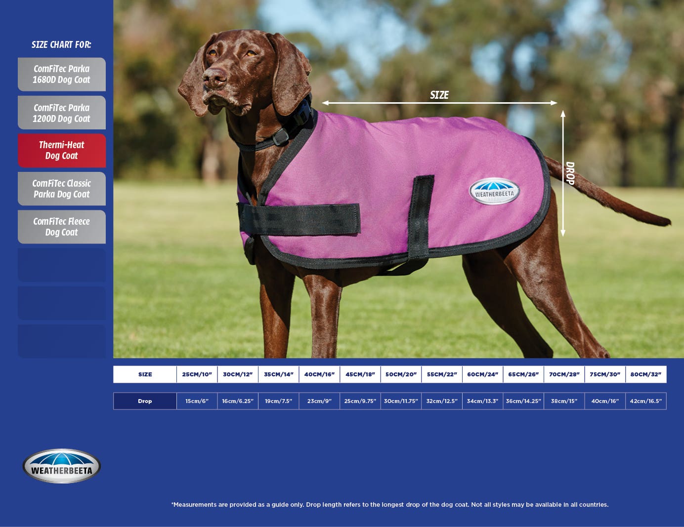 ComFiTec Classic Dog Coat Size Chart