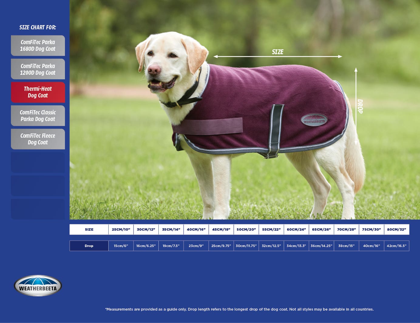 ComFiTec Fleece Dog Coat Size Chart