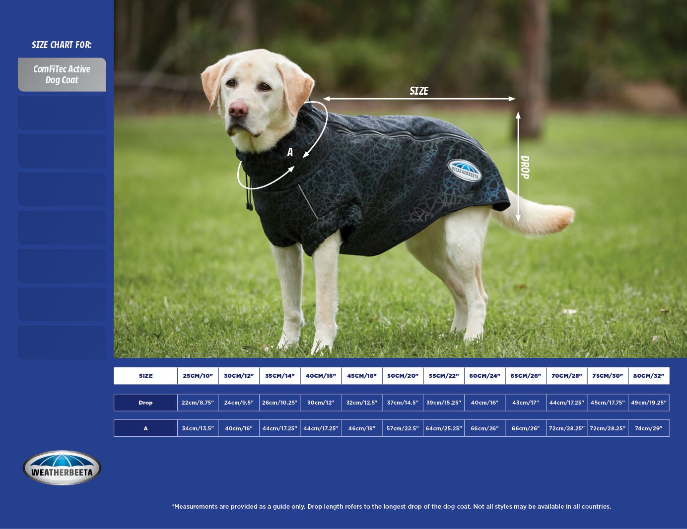 ComFiTec Reflective Print Active Dog Coat Size Chart