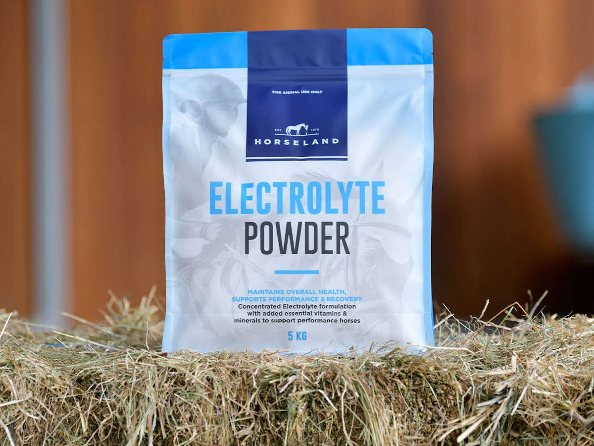 Horseland Electrolyte Powder sitting on bale of hay