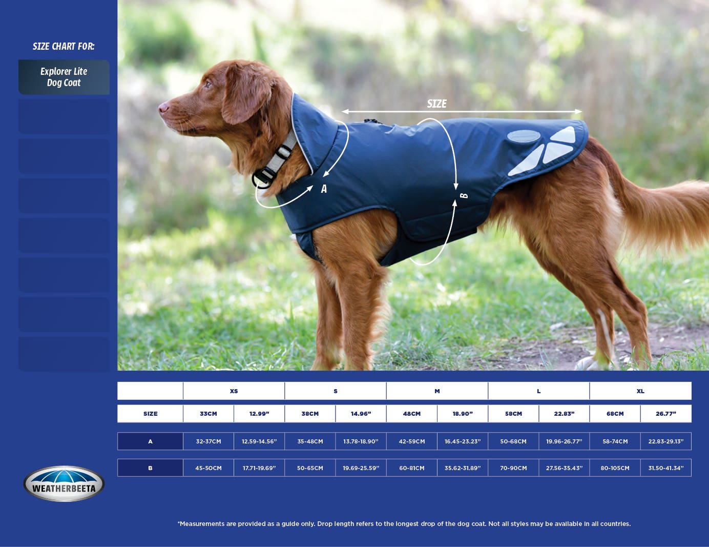 Explorer Lite Dog Coat Size Chart