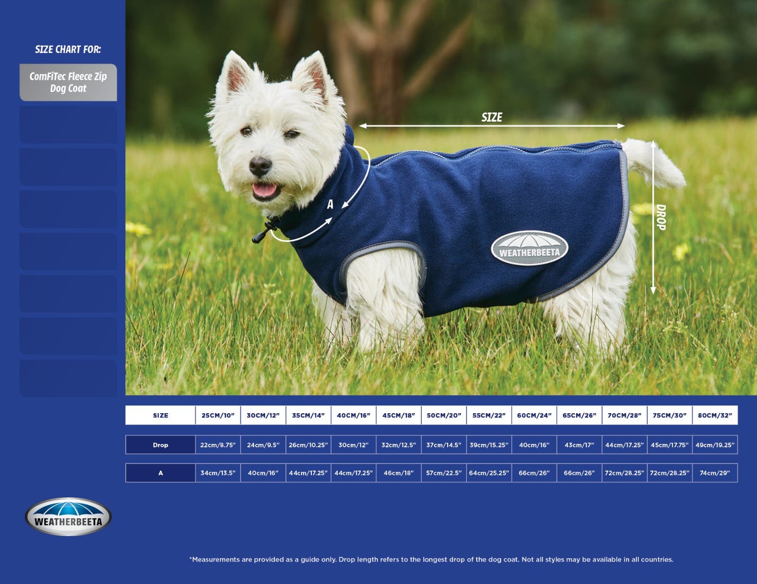 ComFiTec Fleece Zip Dog Coat Size Chart
