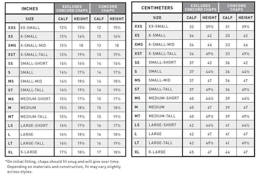 Chaps Big And Size Chart